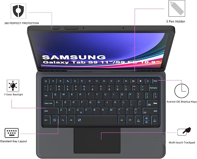 for Samsung Galaxy Tab S10 Lite/S9 FE 10.9" /S10 FE 10.9 inch/Tab S9 11 inch Case with Keyboard - 7 Color Backlit Tablet Cover with Touchpad - Magnetic Detachable Keyboard with S Pen Holder Black