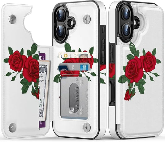 FUNMIKO for iPhone 16 Wallet Case with Card Holder, RFID-Blocking, Military-Grade Protection & UV-Printed Artwork, Magnetic Closure with Leather Kickstand - Blooming Red Rose