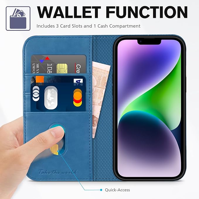 TUCCH Case for iPhone 14 Wallet Case 6.1", Premium PU Leather Folio Cover with [RFID Blocking] 3 Card Slot, Stand Book Design [Shockproof TPU Interior Case] Compatible with iPhone 14 2022, Light Blue