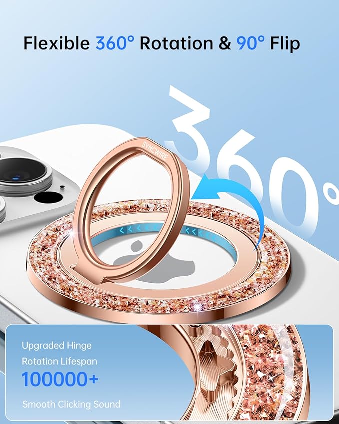 SYNCWIRE Magnetic Phone Ring Holder for MagSafe - Glitter Phone Grip Stand with 360° Rotation & Reinforced Hinge, Compatible with iPhone 16 15 14 13 Pro Max Plus MagSafe Accessories - Rose Gold