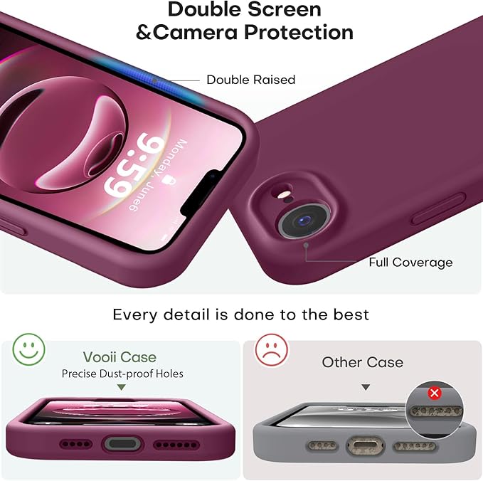 Vooii Compatible with iPhone 16e Case, Liquid Silicone Upgrade [Camera Protection] [Soft Anti-Scratch Microfiber Lining] Shockproof Phone Case for iPhone 16e 6.1 inch - WineRed