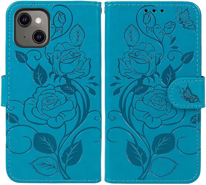 Case for iPhone 13 Case, iPhone 14 Wallet Case with Tempered Glass Screen Protector, Flower Leather Flip Credit Card Holder Stand Phone Cover Cases for iPhone 14 Blue