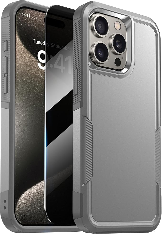 Diaclara Designed for iPhone 15 Pro Case, [with Privacy Screen Protector] [Anti Spy] [Military Grade Drop Protection] Heavy Duty Full-Body Shockproof Phone Case, Natural Titanium