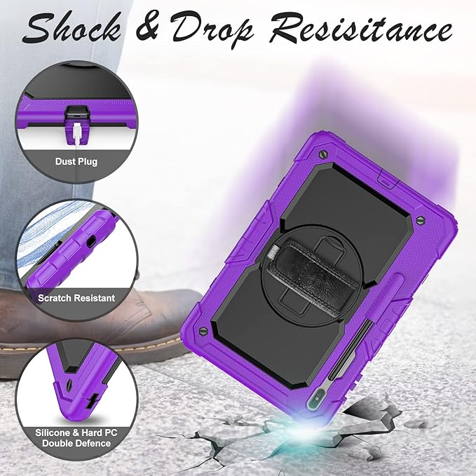 Tablet Case for Samsung Galaxy Tab S8 Plus/S7 FE/S7 Plus 12.4", [Shockproof] with Tempered Glass Screen Protector, Rotating Kickstand/Hand & Shoulder Strap/S Pen Holder (Purple)