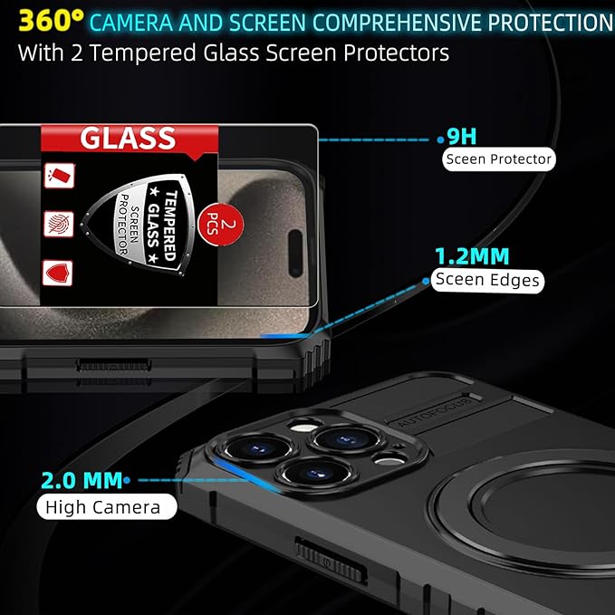 for iPhone 14 Pro Case Magnetic Compatible with MagSafe Wireless Charging,with 2 Screen Protector,with Kickstand Ring Shockproof Shock-Absorbent Heavy Duty Protection Scratch Resistant Black