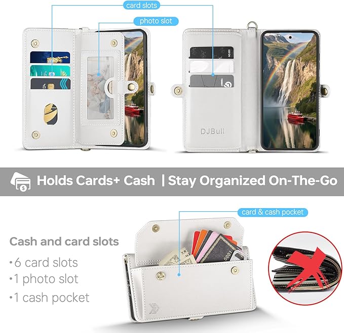DJBull for Samsung Galaxy S25 Wallet Case with Card Holder, Shoulder and Wristlet Straps, Soft PU Leather, Magnetic Snap, Flip Phone Case for Women Men for Samsung S25 White