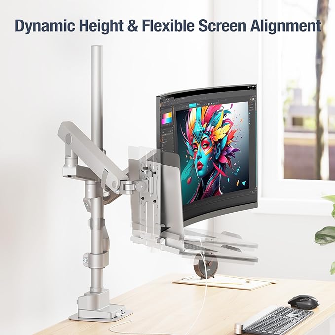 AVLT Laptop & 40 Inch Monitor Arm Pole Top Mount with USB-C USB-A Ports-Gray, VESA Compatible, Supports 26.4 lbs (12 kg), Ultrawide Screen Fit, Adjustable Height, Tilt Swivel Rotate, Cable Management