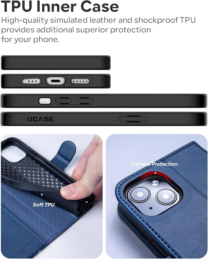 OCASE Compatible with iPhone 14 Wallet Case, PU Leather Flip Folio Case with Card Holders RFID Blocking Kickstand [Shockproof TPU Inner Shell] Phone Cover 6.1 Inch 2022 (Spliced Blue)