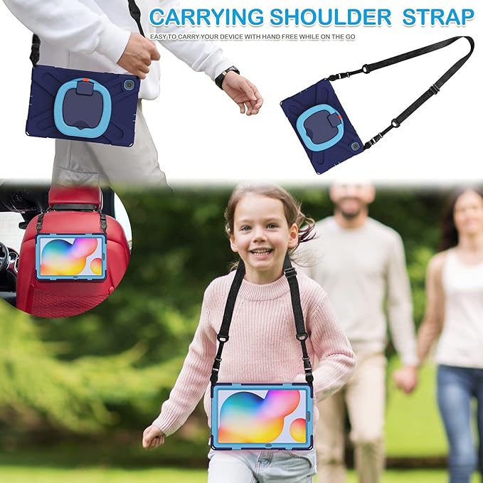BATYUE Case for Samsung Galaxy Tab S6 Lite 10.4 Inch 2024/2022/2020 (SM-P610/P613/P615/P619/P620), Protective Case with Shoulder Strap, 360° Swivel Stand, Shockproof Drop; for Kids - Navy Blue