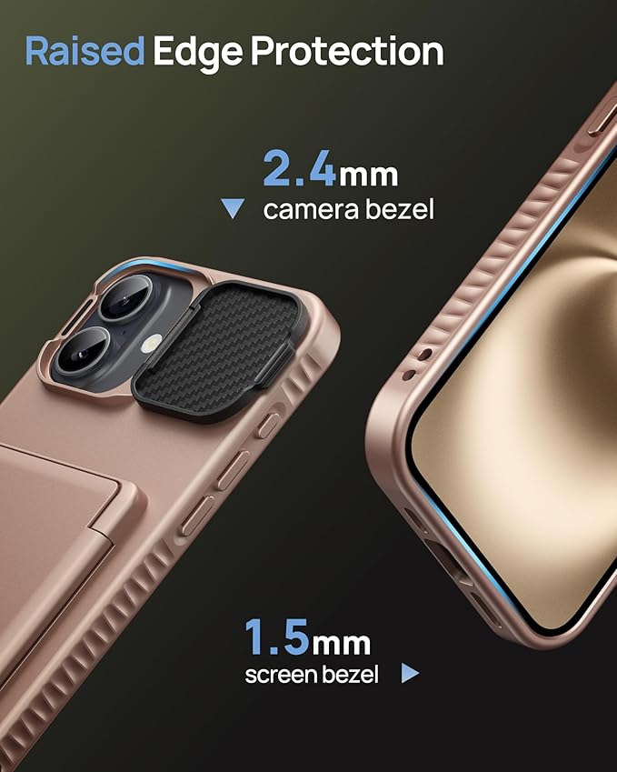 for iPhone 16 Plus Case with Card Holder & Camera Lens Cover & Stand, Military Grade Drop Protection Shockproof Rugged Kickstand Wallet Protective Phone Case for iPhone 16 Plus 2024, Rose Gold