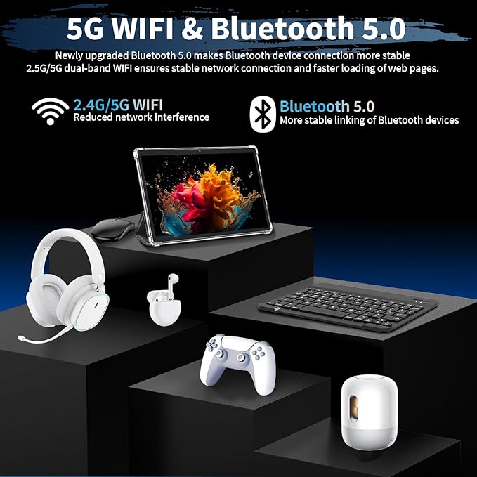 Android 15 Tablet, 26GB + 256GB (2TB Expandable), 10.1-inch Tablet with Keyboard, 8000 mAh Battery, BT 5.0, 5G WiFi, Widevine L1, 2-in-1 Tab with Mouse, Protective Case，Stylus（Silver Case）