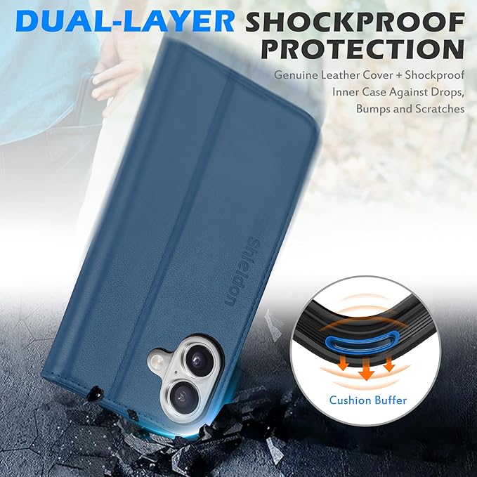 SHIELDON Genuine Leather Wallet Case for iPhone 17 5G 6.3-inch 2025 | RFID Blocking Credit Card Holder | Foldable | Magnetic | Kickstand | Shockproof Cover for Men Women | Royal Blue