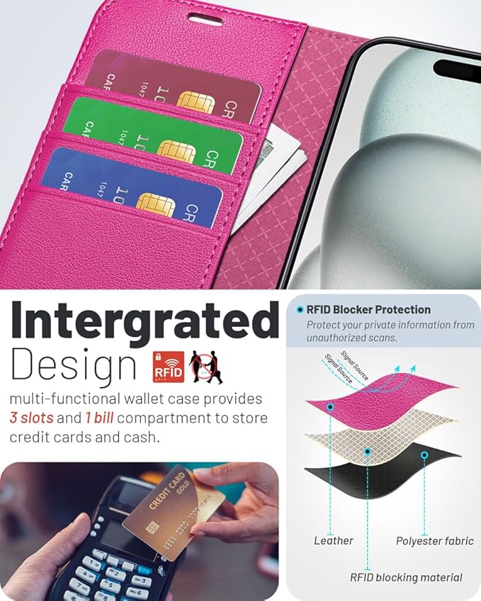 OCASE Compatible with iPhone 16 Wallet Case, PU Leather Flip Folio Case with Card Holders RFID Blocking Kickstand [Shockproof TPU Inner Shell] Phone Cover 6.1 Inch 2024, Rose