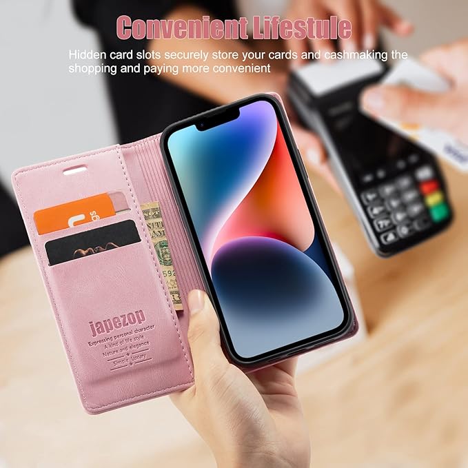 japezop iPhone 14 Case, iPhone 14 Wallet Case with [RFID Blocking] Card Holder Kickstand Magnetic,Leather Flip Case Wallet for iPhone 14 5G 6.1 Inch (Pink)
