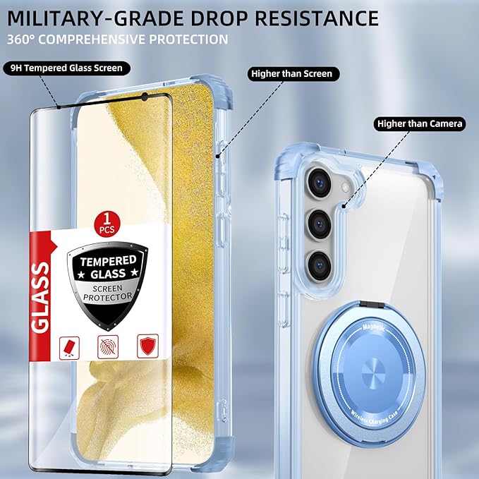 for Samsung Galaxy S22 Plus Case Magnetic Compatible with MagSafe with Screen Protector,for S22+Plus Phone Case with Kickstand Ring Military Grade Drop Heavy Duty Protection Shockproof Blue
