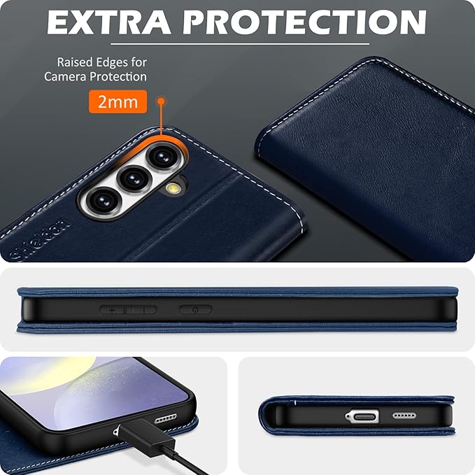 SHIELDON Case for Galaxy S25 5G 6.2", Genuine Leather Wallet Flip Book RFID Blocking Card Holder Kickstand Shock Absorbing Protection Case Compatible with Galaxy S25 2025 - Retro Dark Blue
