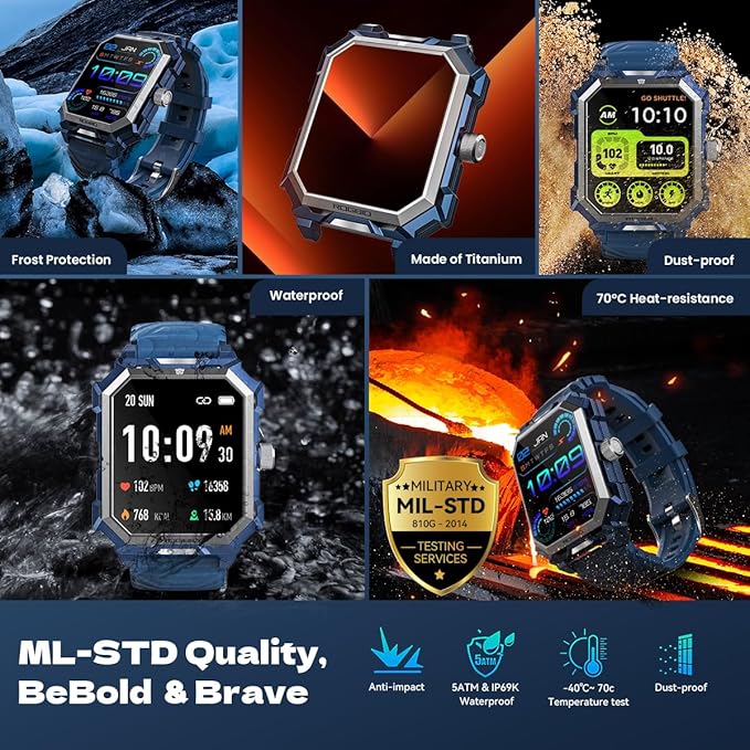 Indestructible Smart Watch for Men Android iOS Phones (Answer/Make Call) 680mAh IP69 Waterproof Military Rugged Tactical Smartwatch Fitness Tracker Watch With Heart Rate Blood Pressure Sleep Monitor