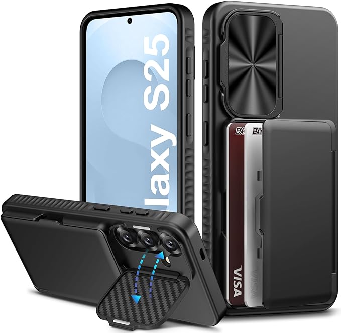 for Samsung Galaxy S25 Wallet Case with Camera Cover Stand, Built-in Card Holder (4-5 Cards), Military Grade Drop Proof, Heavy Duty Hard Women Men Phone Cases for Samsung S25 6.2", Black