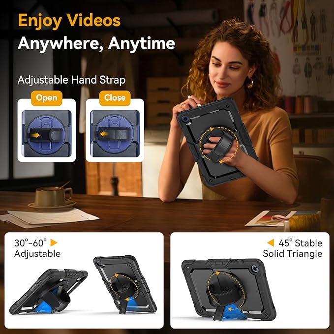 Case for Samsung Galaxy Tab A9+/A9 Plus 11 Inch 2023(SM-X210/X216/X218), Ubearkk Full-Body Drop Protection Case with Screen Protector, 360° Rotating Stand and Hand/Shoulder Strap, Black