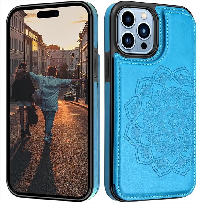 MMHUO for iPhone 15 Pro Max Case with Card Holder,Flower Magnetic Buttons Protective Wallet Case for Women for iPhone 15 Pro Max,Blue
