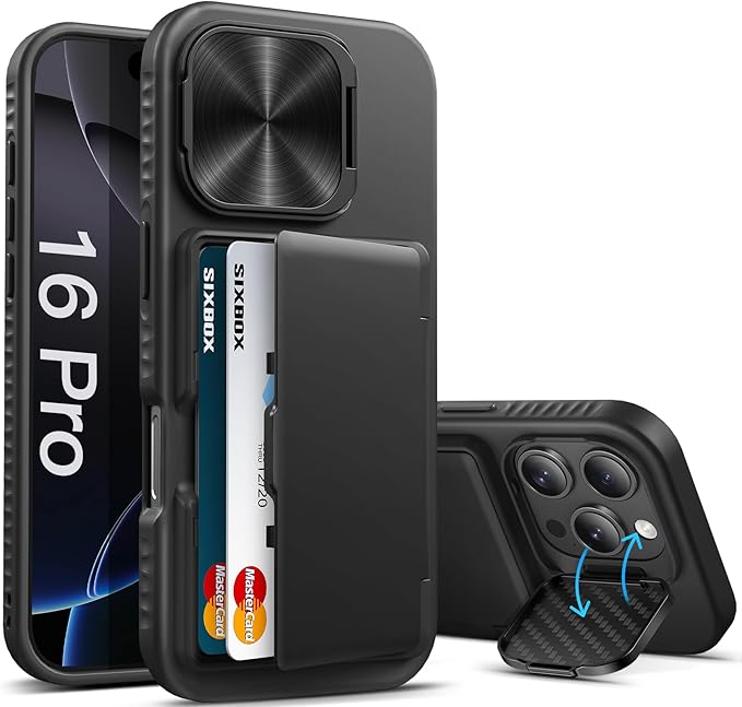 for iPhone 16 Pro Case with Card Holder & Kickstand & Camera Cover, Full Body Protective Silicone Edge Rugged Multifunctional Wallet Stand Phone Cover Case for iPhone 16 Pro, Black
