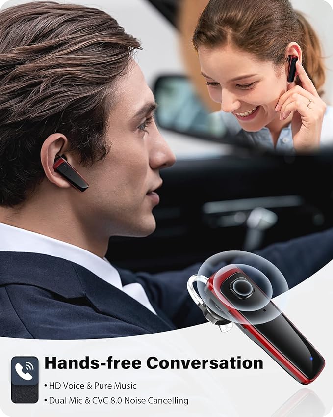 Bluetooth Headset - V5.0 Wireless Handsfree Earpiece Built-in Dual Mic Noise Cancelling, 10 Days Standby 16Hrs HD Talktime Ultralight Headset for iPhone Android Samsung Laptop(Red)