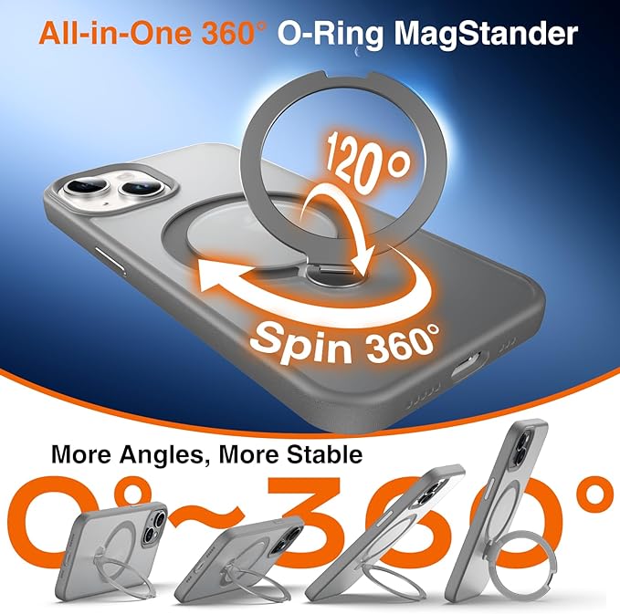 360° O-Ring MagStander for iPhone 15 Case with Magnetic Kickstand Ring Holder [Compatible with MagSafe][360°Rotate Stand Ring][Military Shockproof] Magnet iPhone 15 Phone Cover Matte Grey