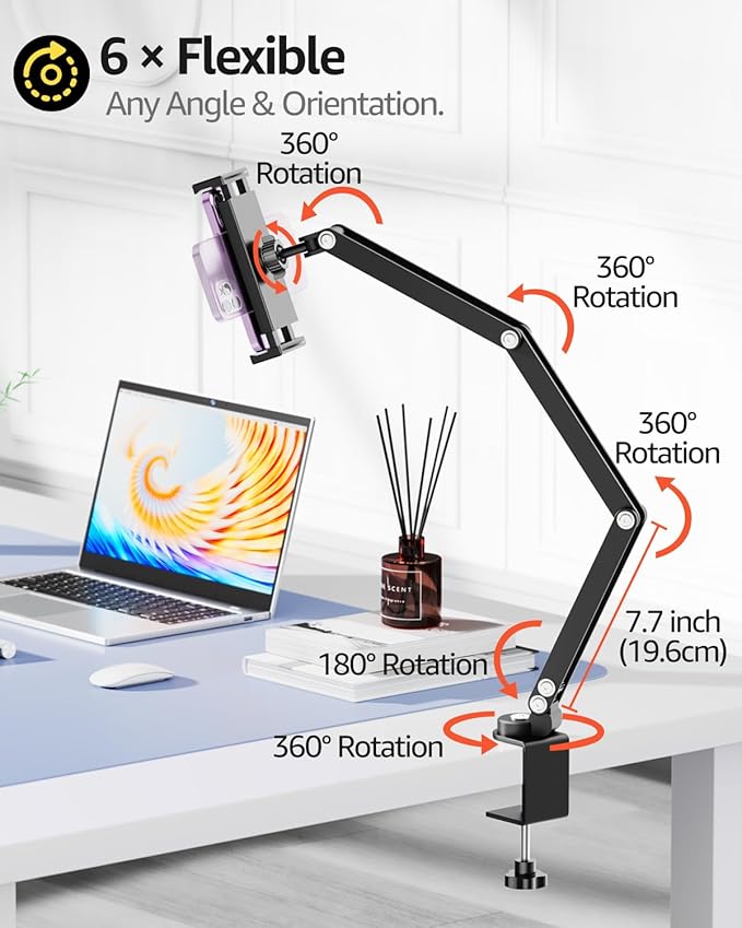 Urmust Tablet Holder Mount with Extendable Arm, Multi-Angle Adjustable for 4.7-13" iPad Pro, Air, Galaxy Tab, Kindle Fire, Switch - Universal Tablet Stand for Desk, Desk & Work