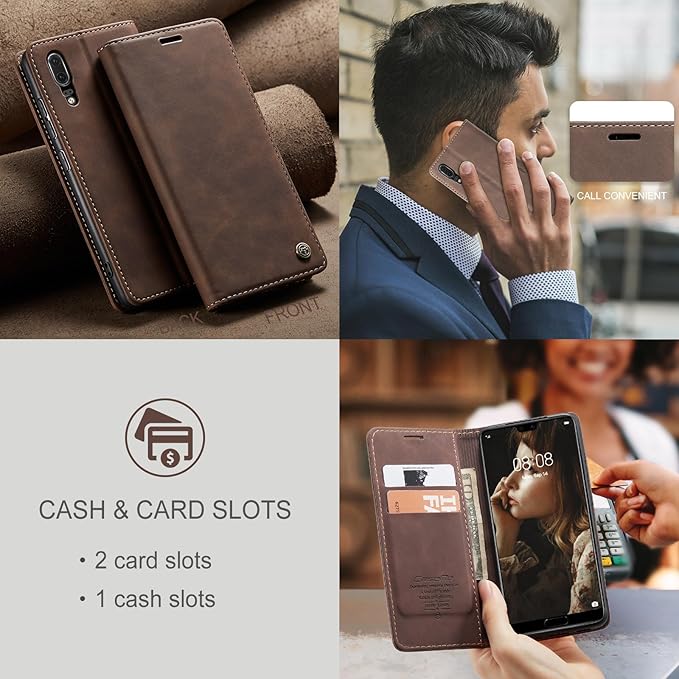 for Huawei P20 Case, Flip Wallet Leather Case with Card Holder Magnetic Closure Shockproof Kickstand Protective Phone Cases Cover for Huawei P20,Coffee