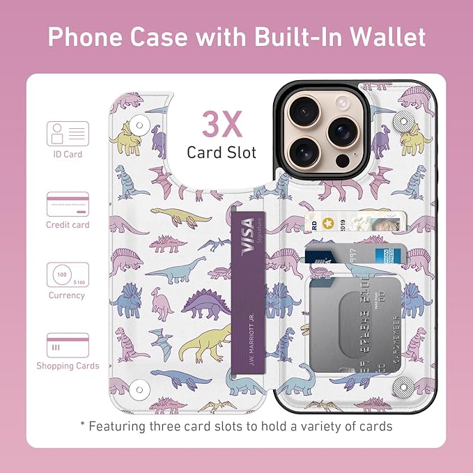 FUNMIKO for iPhone 16 Pro Wallet Case with Card Holder, RFID-Blocking, Military-Grade Protection & UV-Printed Artwork, Magnetic Closure with Leather Kickstand - Vibrantly Cute Dinosaur