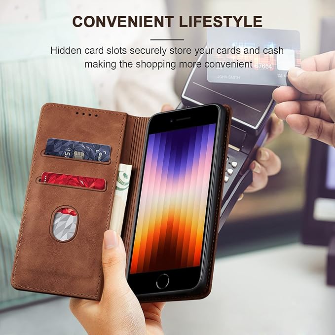 Jasonyu Flip Wallet Case for iPhone SE 2022/2020/8/7,Leather Magnetic Folio Cover with Card Holder,Kickstand - TPU Shockproof Durable Protective Phone Case,Brown