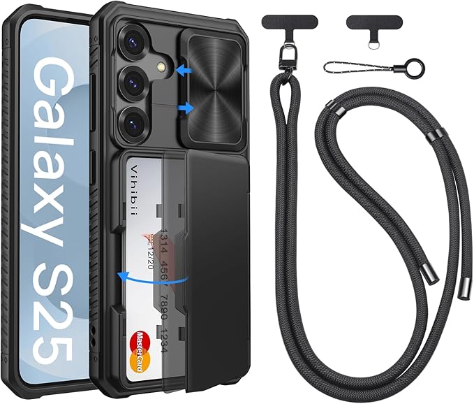 Vihibii for Samsung Galaxy S25 Case with Crossbody Lanyard Strap, Build-in Card Holder (4 Cards) [RFID Blocking] & Slide Camera Cover & Military Grade Drop Protection, Silicone Edge Cover, Black