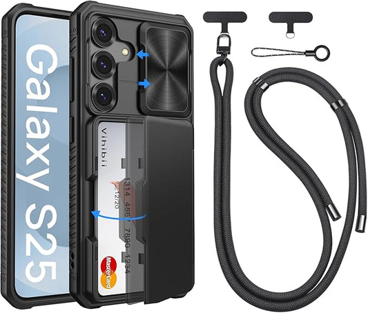 Vihibii for Samsung Galaxy S25 Case with Crossbody Lanyard Strap, Build-in Card Holder (4 Cards) [RFID Blocking] & Slide Camera Cover & Military Grade Drop Protection, Silicone Edge Cover, Black