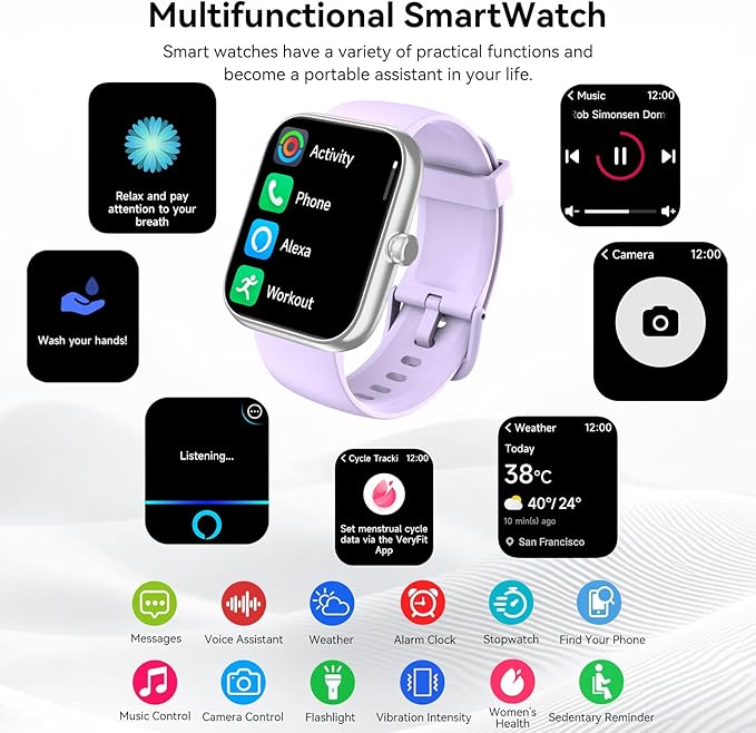 Smart Watch with Alexa Built-in, 1.83" HD Touchscreen, Bluetooth Calling Fitness Tracker, Health Monitor Heart Rate/Sleep Tracking, IP68 Waterproof, 120+ Sports Modes for Android iPhone (Purple)