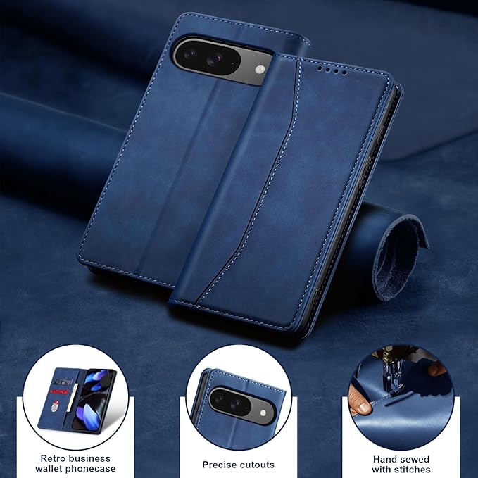 Jasonyu Flip Wallet Case for Google Pixel 9/9 Pro,Leather Magnetic Folio Cover with Card Holder,Kickstand - TPU Shockproof Durable Protective Phone Case,Blue