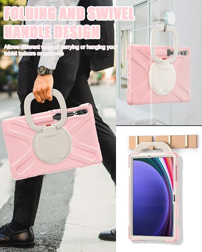BRAECN Case for Samsung Galaxy Tab S10+/S9 FE+/S9+ 12.4” 2024, Rugged Silicone Cover with Shoulder Strap/S Pen Holder/Screen Protector/Kickstand/Handle Grip for Tab S9+/S8+/S7 FE/S7+, Sakura Pink