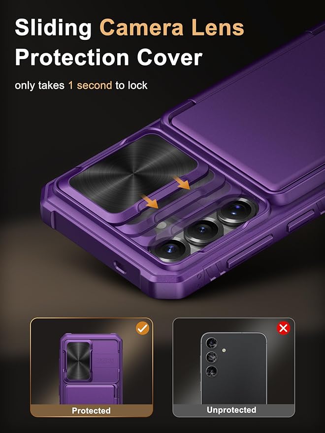 Vihibii for Samsung Galaxy S25 Wallet Case, Built-in Card Holder (4 Cards), [RFID Blocking] & Slide Camera Cover, Military Grade Drop Protection, Rugged Case for Samsung Galaxy S25 6.2", Dark Purple