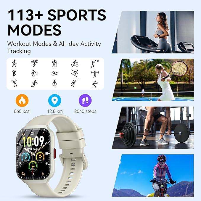 Smart Watch, 1.96" HD Smartwatches for Men Women, (Answer/Make Calls), IP68 Waterproof Fitness Watch, Heart Rate/Sleep/SpO2 Monitor, Fitness Tracker with 113+ Sport Modes, for iOS/Android (White)