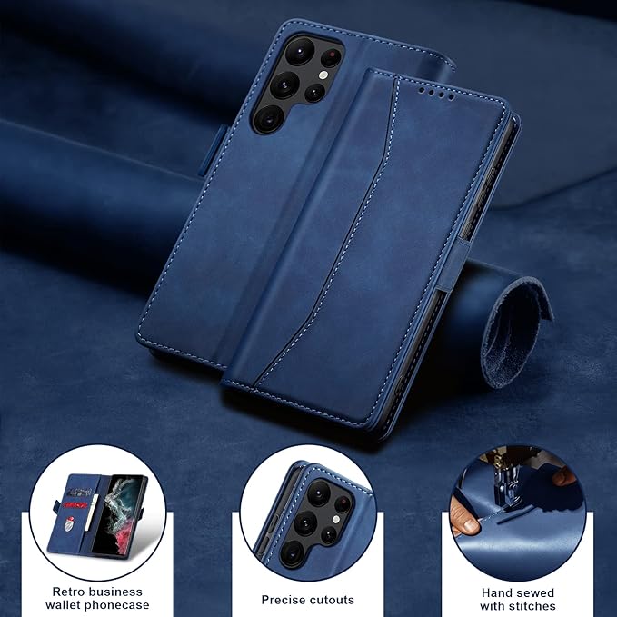 Jasonyu Flip Wallet Case for Samsung Galaxy S22 Ultra 5G,Leather Magnetic Folio Cover with Card Holder,Kickstand - TPU Shockproof Durable Protective Phone Case,Blue