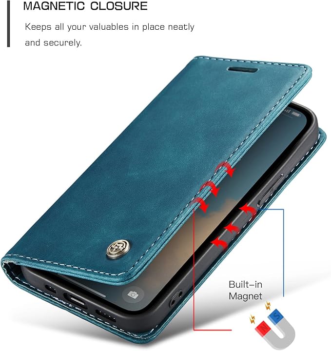for iPhone 16e / iPhone SE 4 / iPhone SE 2025 Case, Flip Wallet Leather Case with Card Holder Magnetic Closure Shockproof Kickstand Protective Phone Cases Cover for iPhone 16e, Blue-Green