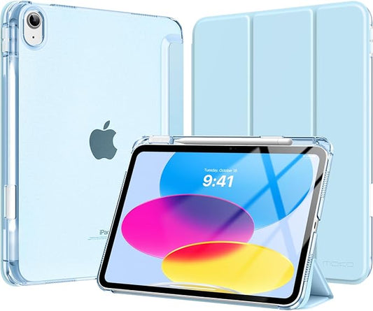 MoKo for iPad (A16) 11th Generation Case 11 Inch 2025, iPad 10th Generation Case 10.9 Inch 2022 with Pencil Holder, Slim Light Trifold Protective Cover with Hard PC Translucent Back Shell, Sky Blue