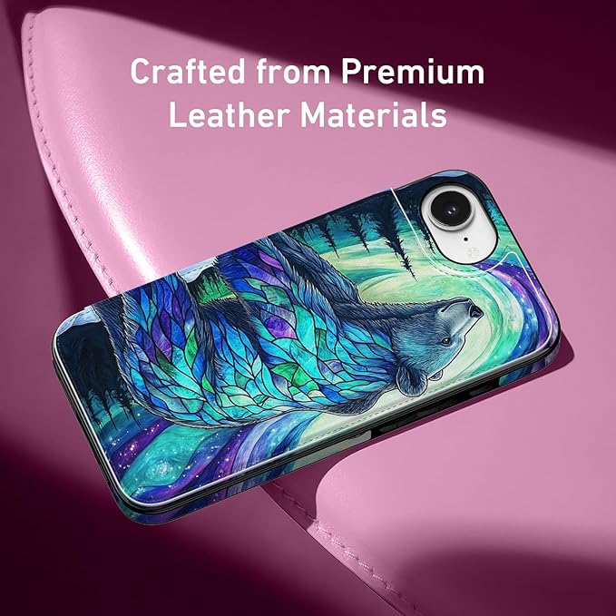 FUNMIKO for iPhone 16e Wallet Case with Card Holder, RFID-Blocking, Military-Grade Protection & UV-Printed Artwork, Magnetic Closure with Leather Kickstand - Prismatic Aurora Bear