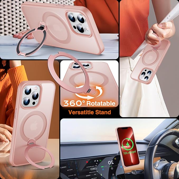 360° O-Ring MagStander for iPhone 13 Pro Case with Magnetic Kickstand Ring Holder [Compatible with MagSafe][360°Rotate Stand Ring][Military Shockproof] iPhone 13 Pro Phone Cover Matte Pink