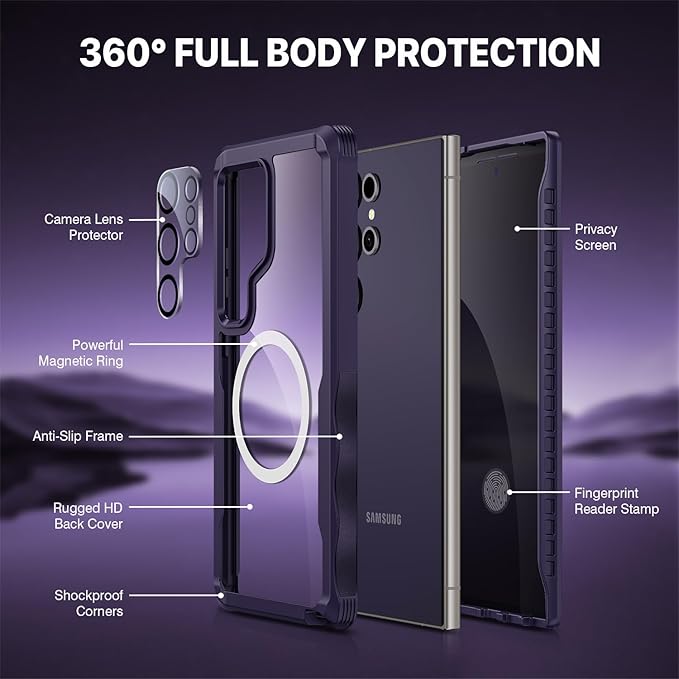 CENHUFO Magnetic Privacy for Samsung Galaxy S24 Ultra Case, Full Body Phone Case with Built-in Privacy Screen Protector and Camera Lens Cover, Anti Peep Shockproof Protective Clear Bumper - Purple