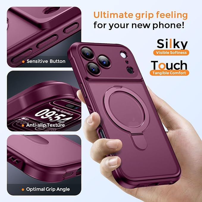 MOCCA Compatible with iPhone 17 Pro Max Case with Magnetic Invisible Stand [Full Camera Protection] [Compatible with Magsafe] Military Drop Shockproof Translucent Matte Phone Case Cover 6.9",Wine Red
