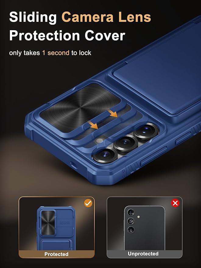 Vihibii for Samsung Galaxy S25+ Plus Case with Card Holder (4 Cards), [RFID Blocking] & Slide Camera Cover & Raised Edges Protect Screen, Shockproof Rugged Phone Case for Galaxy S25+ Plus 6.7", Blue