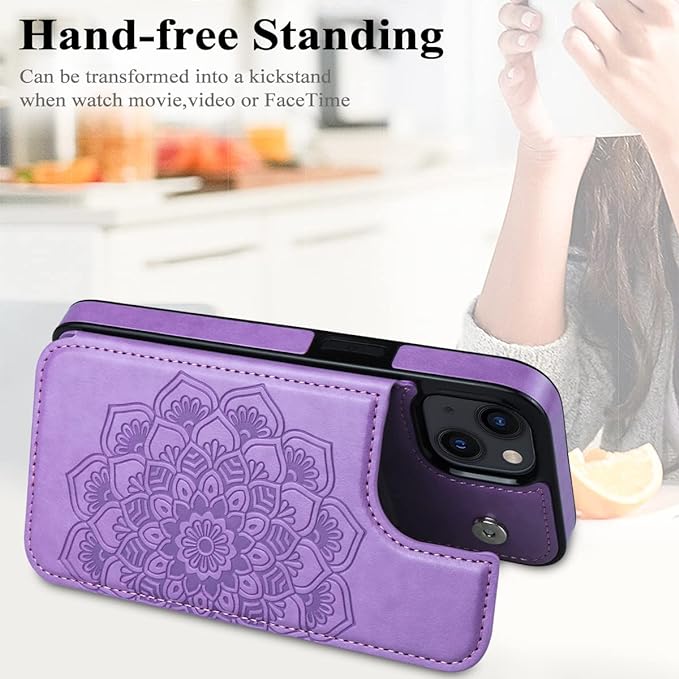 MMHUO for iPhone 15 Plus Case with Card Holder,Flower Magnetic Buttons Protective Wallet Case for Women for iPhone 15 Plus,Purple