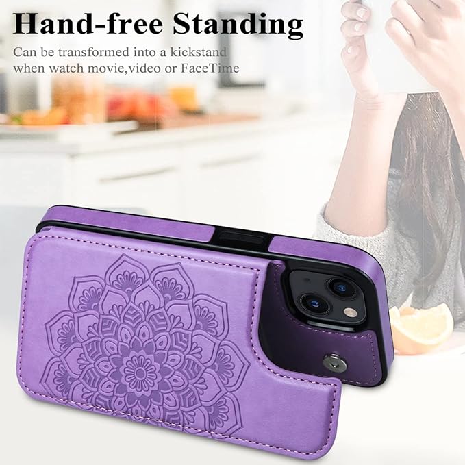 MMHUO for iPhone 15 Case with Card Holder, Flower Magnetic Back Flip Case for iPhone 15 Wallet Case for Women, Protective Case Phone Case for iPhone 15,Purple