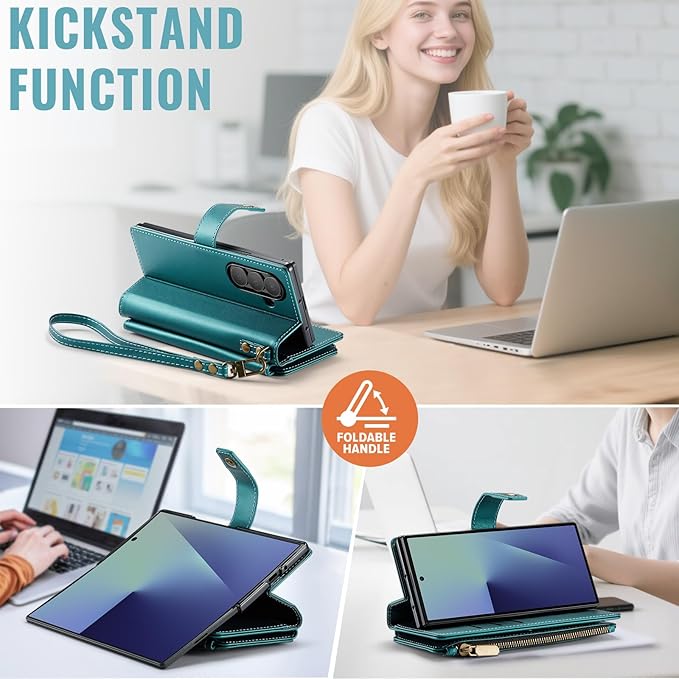 Vinich for Samsung Galaxy Z Fold 7 Wallet Case with Card Holder, Detachable Strap RFID Blocking Credit Slots Kickstand Shockproof Phone Cover for Women Men, Bluish Green