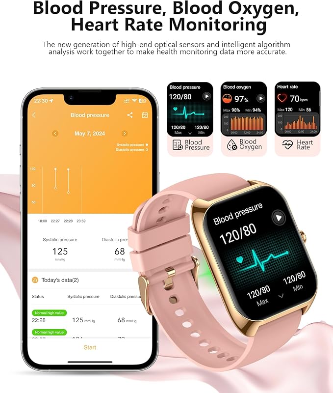 Smart Watch (Answer/Make Call) for Women, 2.02" Smartwatch with Blood Oxygen/Heart Rate/Blood Pressure/Sleep Monitor, IPX8 Waterproof Fitness Tracker, 100+ Sports Modes Compatible with iOS Android